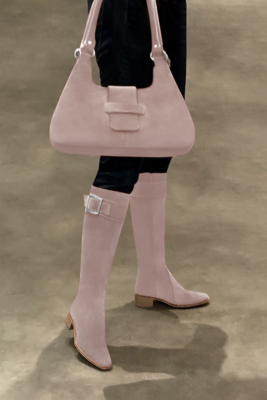 Powder pink women's riding knee-high boots. Round toe. Low leather soles. Made to measure. Top view - Florence KOOIJMAN